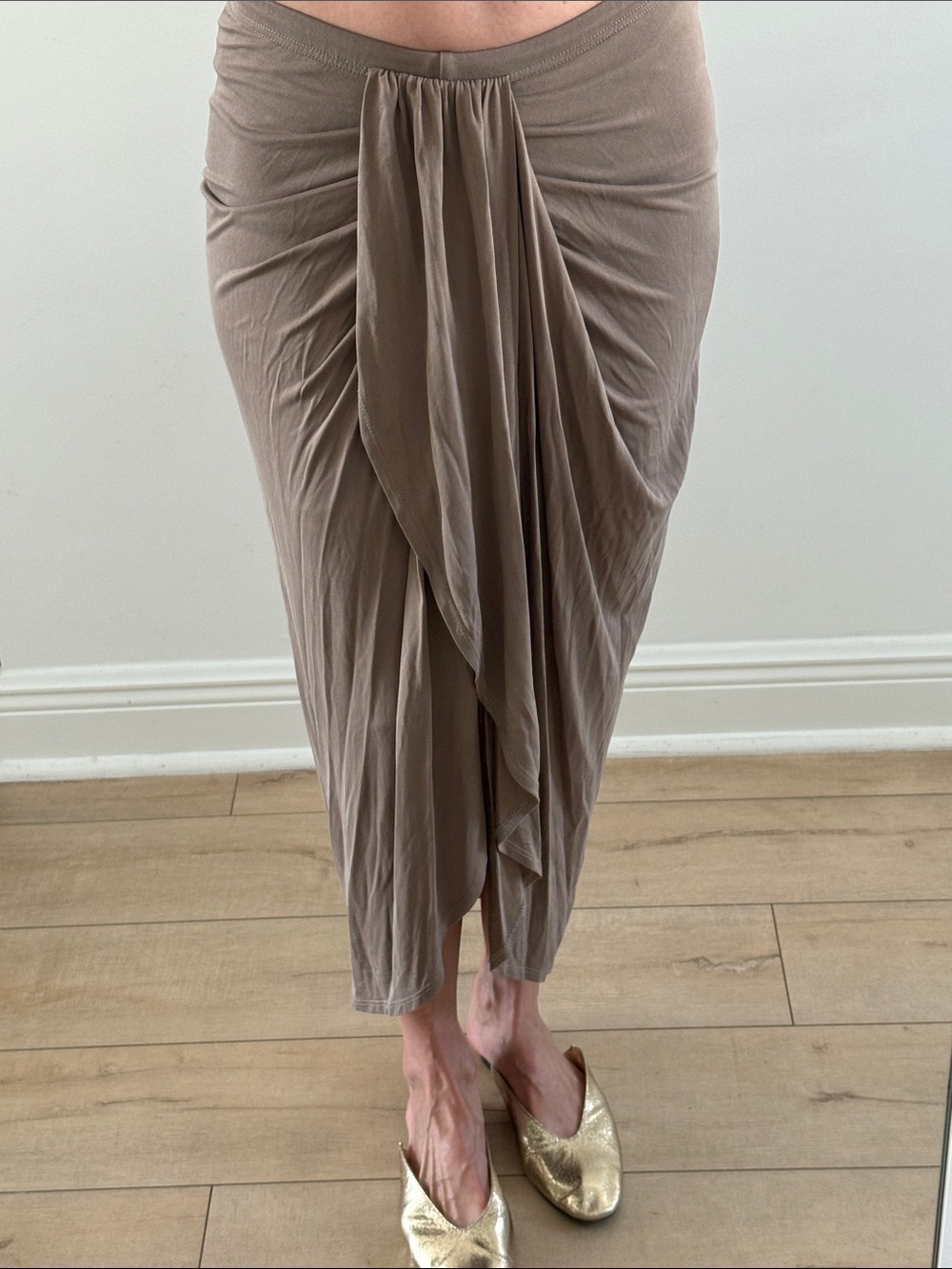 Mustard Seed Taupe High-Low Draped Midi Skirt